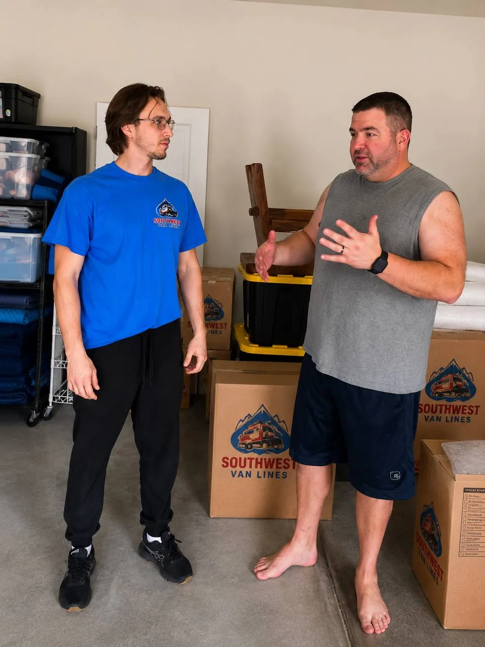 Mover speaking with a customer beside packed moving boxes