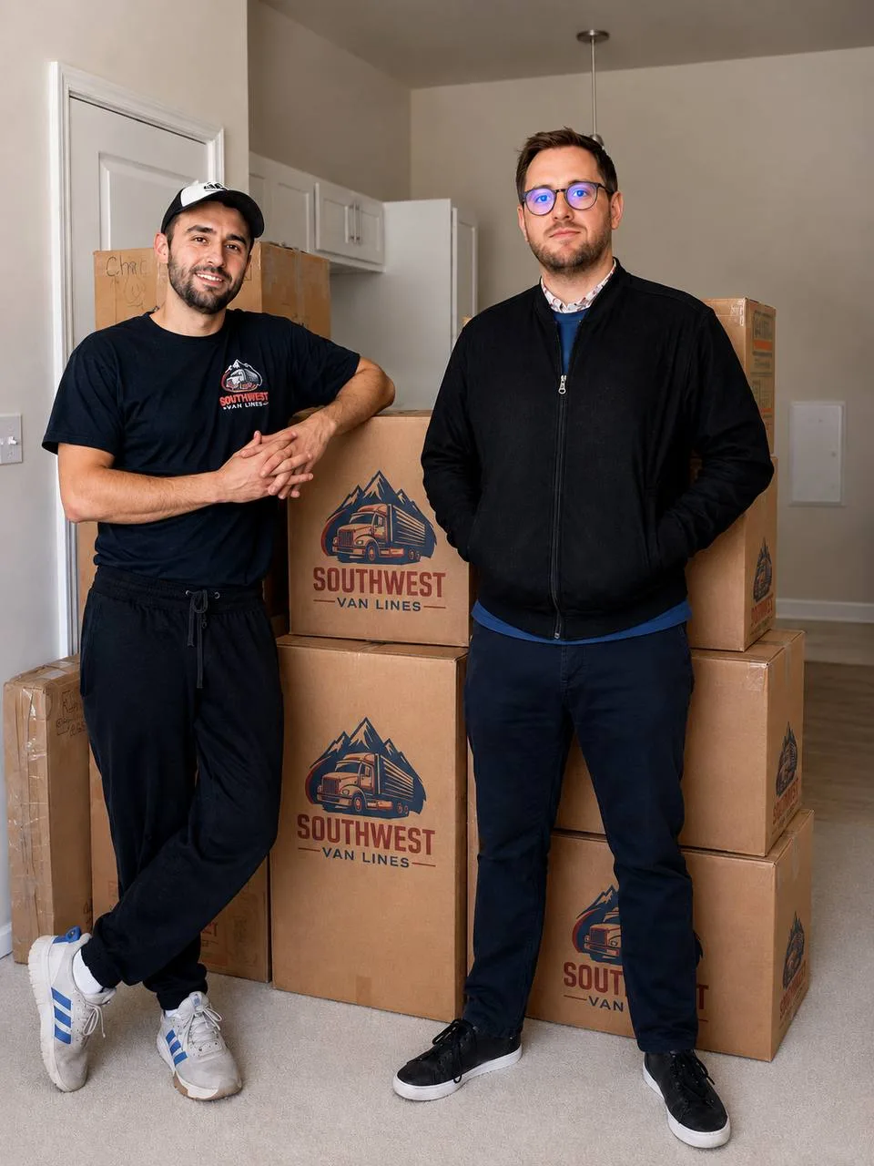 Southwest Van Lines team standing beside moving boxes