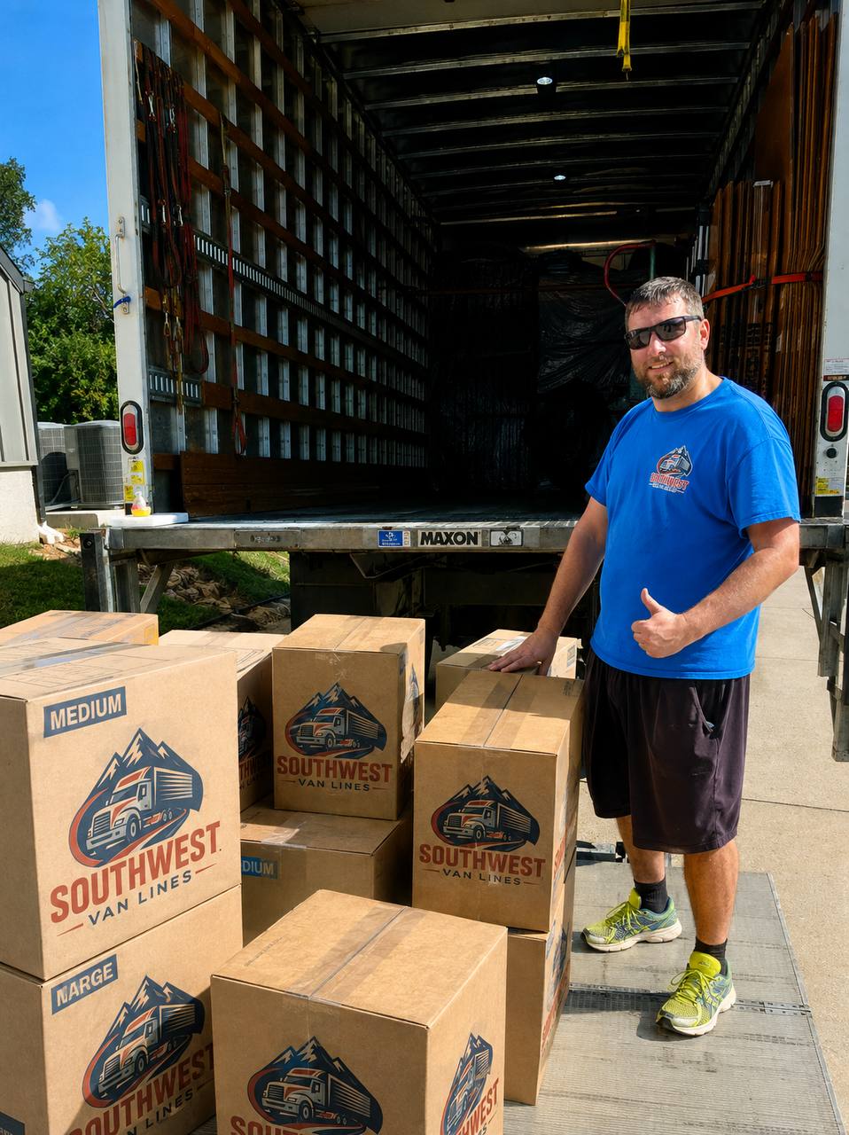 Mover organizing a packed household shipment inside a moving truck
