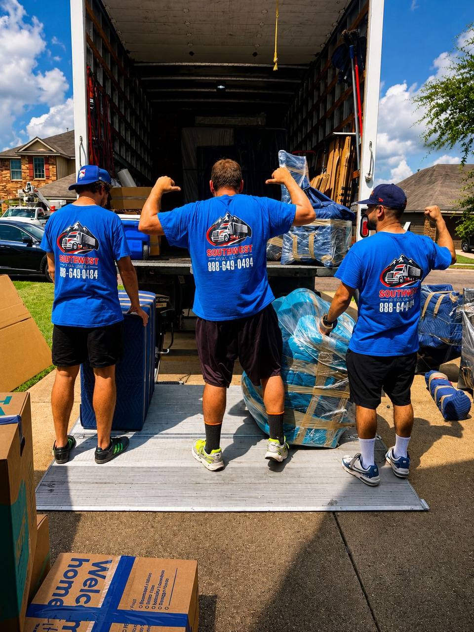 Large household furniture wrapped for protection before transportation