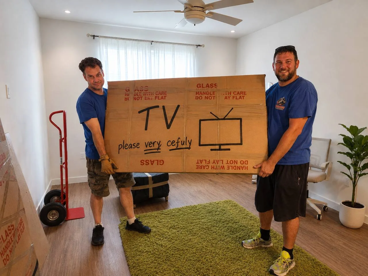 Moving crew carrying a protected television
